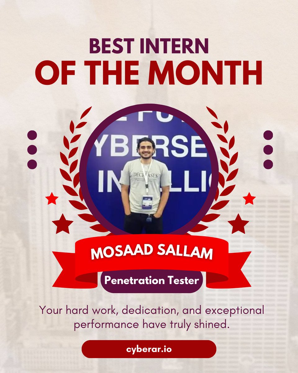 🎉 Honoring the Best Intern of the Month at CyberAR! 🎉
We are excited to recognize @h0tak88r our Best Intern of the Month! 🌟

Please join us in congratulating @h0tak88r on his outstanding achievements and wishing him continued success with us! 👏👏

#CyberAR #CyberSecurity