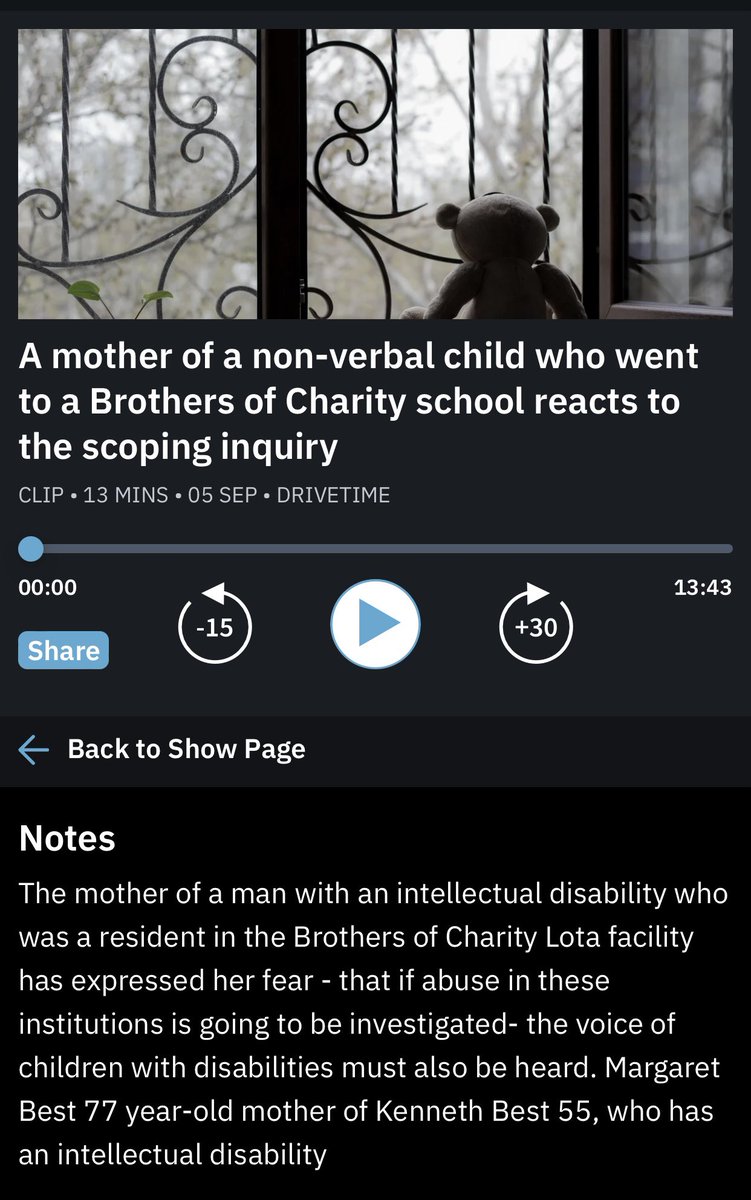 1/7 #TriggerWarning One of the most traumatic interviews I’ve ever heard aired this evening on <a href="/drivetimerte/">Drivetime RTE</a> …

Margaret is a loving mum to Kenneth who has a learning disability and is non-verbal.  Kenneth at fifty-five years of age now lives with his adoring mum aged 77 who