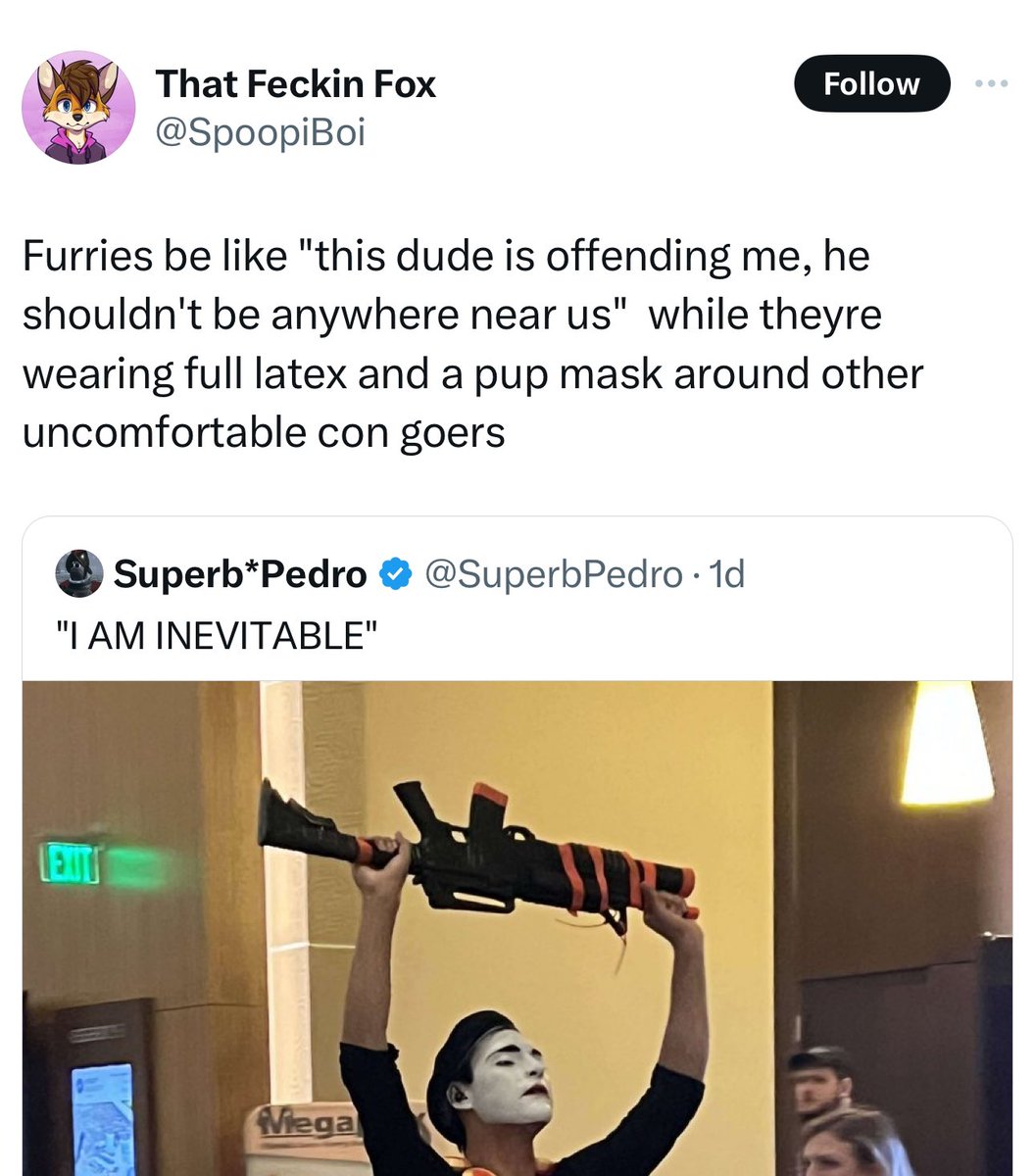“I am uncomfortable with animal masks but the guns are okay” god you chuds are so fucking lame. Latex and pup hoods belong at cons, weird attention seekers using our spaces to purposely try to “are you le triggered troll face” do not.