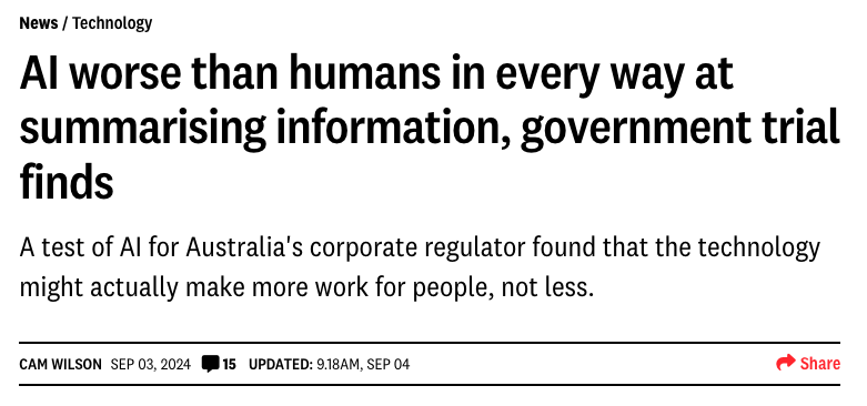 More and more people—in tech companies, consultancies, regulators, universities, among others—are saying this and proving it to be true: AI does very bad work and creates more labor for humans. crikey.com.au/2024/09/03/ai-…