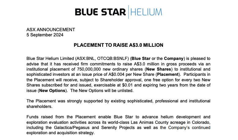 <a href="/HeliumBlue/">Blue Star Helium Limited</a> (#ASX: $BNL; #OTCQB: $BSNLF) has firm commitments to raise $3m via an institutional #placement. Funds raised will allow BNL to progress #helium development and #exploration evaluation activities👉bit.ly/4e7A4fl 
#GalacticaPegasus