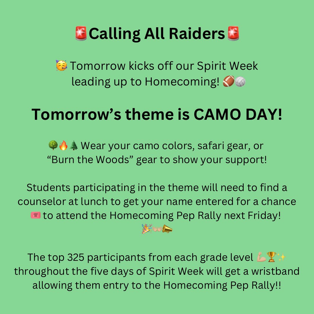 .<a href="/northbrookhigh/">Northbrook High School</a> Camo Spirit day tomorrow Friday 9/6