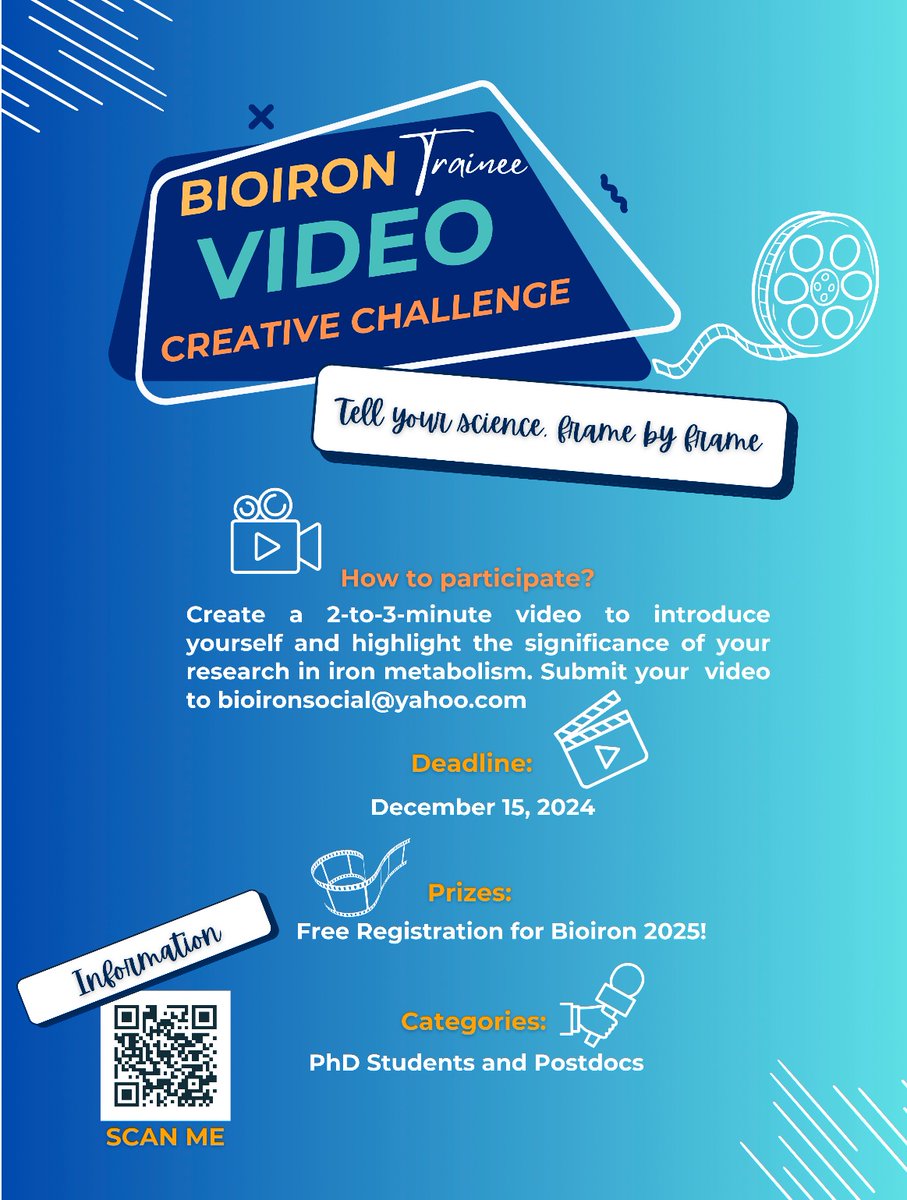 BioIronSocial (@bioironsocial) on Twitter photo The Junior BioIron Board is launching the Trainee Creative Video Challenge! 🎥
Trainee, showcase your iron research in a fun and engaging 2-3 minute video!
📝 Deadline 15 Dec 2024
🎁 Prizes: Free registration/gala dinner at BioIron2025!
Send your video to bioironsocial@yahoo.com The Junior BioIron Board is launching the Trainee Creative Video Challenge! 🎥
Trainee, showcase your iron research in a fun and engaging 2-3 minute video!
📝 Deadline 15 Dec 2024
🎁 Prizes: Free registration/gala dinner at BioIron2025!
Send your video to bioironsocial@yahoo.com