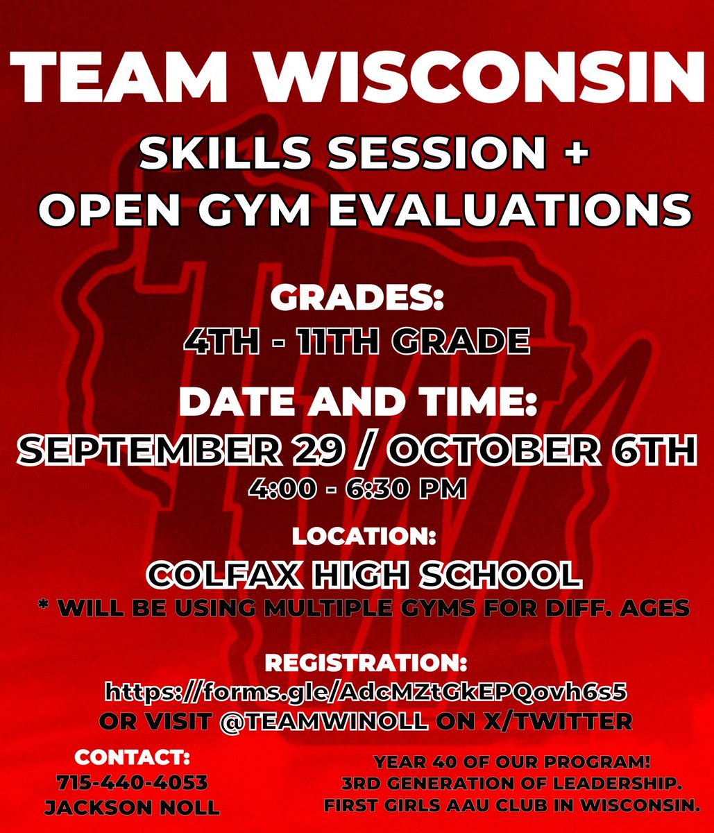 Want to join the Team Wisconsin family?

We are hosting skill sessions + open gym evaluations for all teams!

Registration: forms.gle/AdcMZtGkEPQovh…
Contact Jackson Noll 715-440-4053 if interested.

* read graphic for info