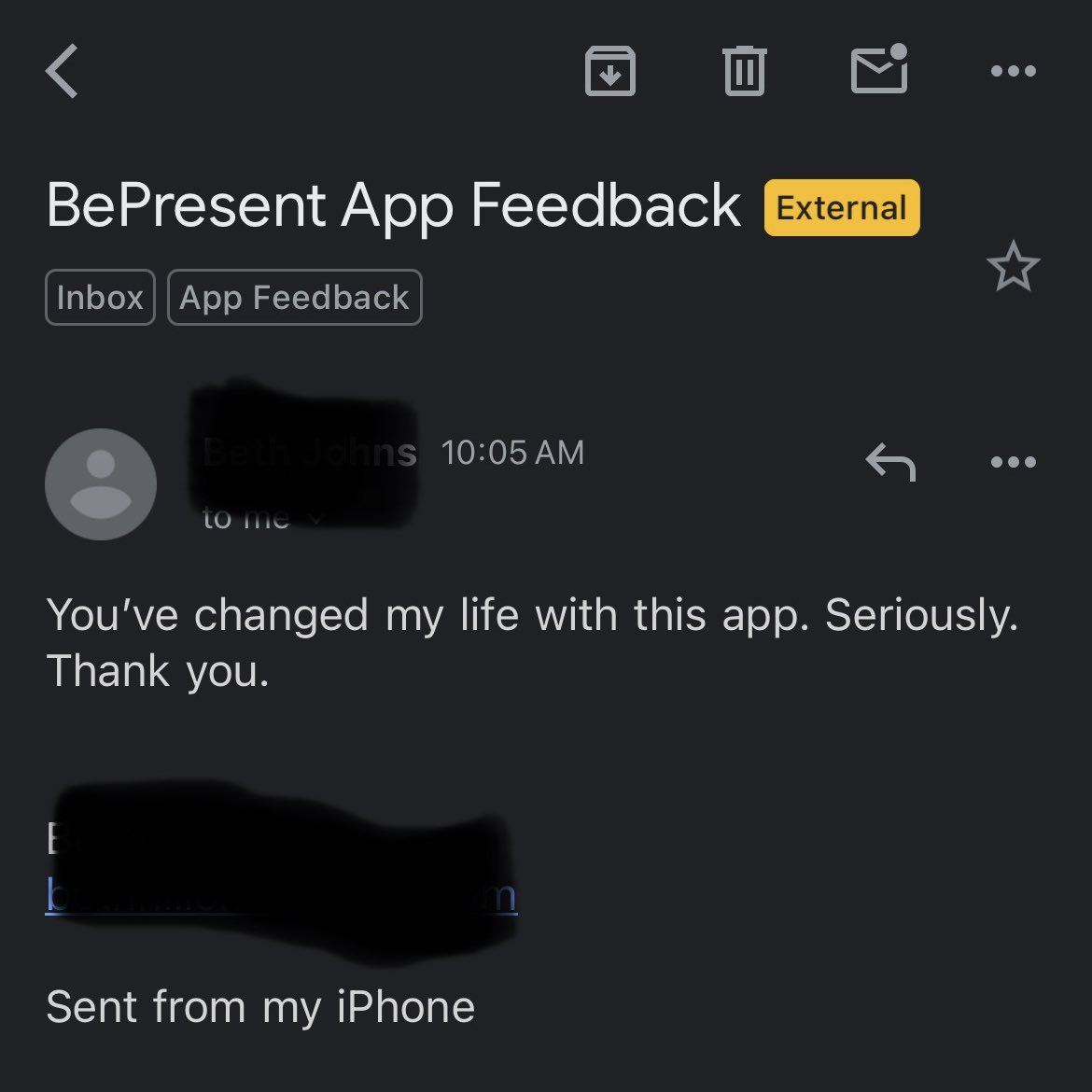 Best email to get. 

Finally not someone complaining about a bug saying our app SUCKS!