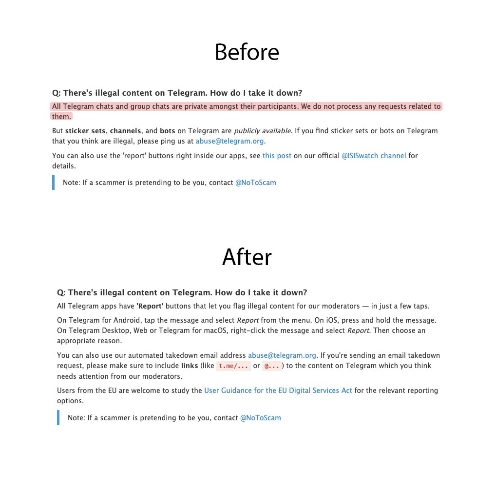 tier10k's tweet image. Telegram quietly updates FAQ, removing:

&quot;All Telegram chats and group chats are private amongst their participants. We do not process any requests related to them.&quot;