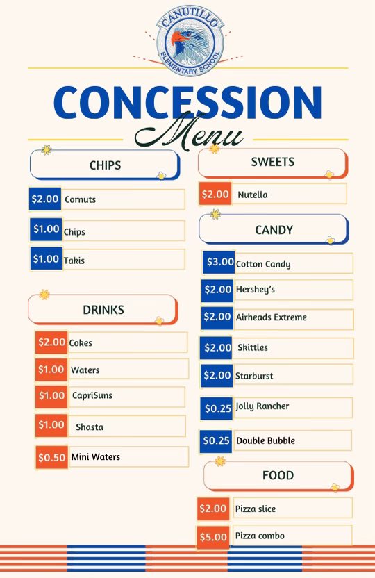 Canutillo Elementary School (@canutilloes) on Twitter photo Our PTO is ready to go with concessions tomorrow afterschool. They take cash and/or cash app. Please make sure to park and meet your child at the concession area or send your child with money. They will not be selling items through drive thru lane. <a href="/CanutilloISD/">Canutillo ISD</a> <a href="/PedroGalaviz9/">Pedro Galaviz</a> Our PTO is ready to go with concessions tomorrow afterschool. They take cash and/or cash app. Please make sure to park and meet your child at the concession area or send your child with money. They will not be selling items through drive thru lane. <a href="/CanutilloISD/">Canutillo ISD</a> <a href="/PedroGalaviz9/">Pedro Galaviz</a>