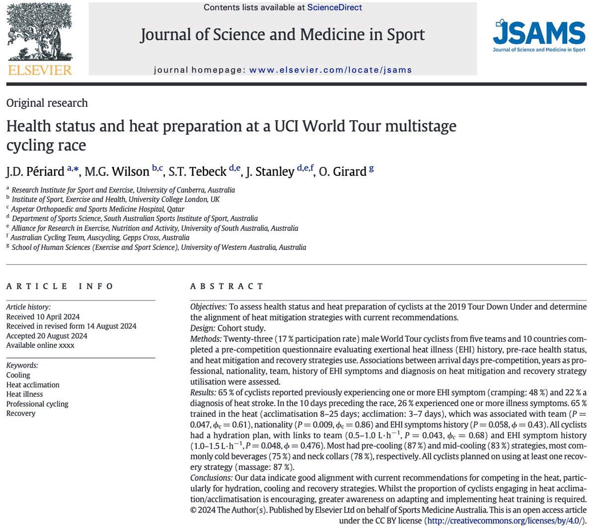 Nice to see our paper on Health status and heat preparation at a UCI World Tour multistage cycling race in <a href="/_JSAMS/">JSAMS</a> article!

sciencedirect.com/science/articl…