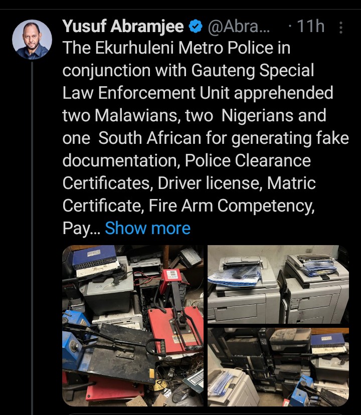 PatrioticMedia1's tweet photo. FOREIGNERS' COMMIT TREASONOUS ACT IN SA
Six foreigners from Malawi and Nigeria were arrested in Kempton Park for making fake documents. https://t.co/yVrohO24OP