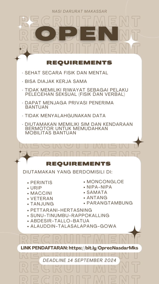 nasi_daruratmks's tweet image. 𝗢𝗣𝗘𝗡 𝗥𝗘𝗖𝗥𝗨𝗜𝗧𝗠𝗘𝗡𝗧

Halo! Nasi Darurat Makassar sedang #openrecruitment buat teman-teman domisili Makassar yang sekiranya tertarik untuk bergabung dengan kegiatan kemanusiaan ini.