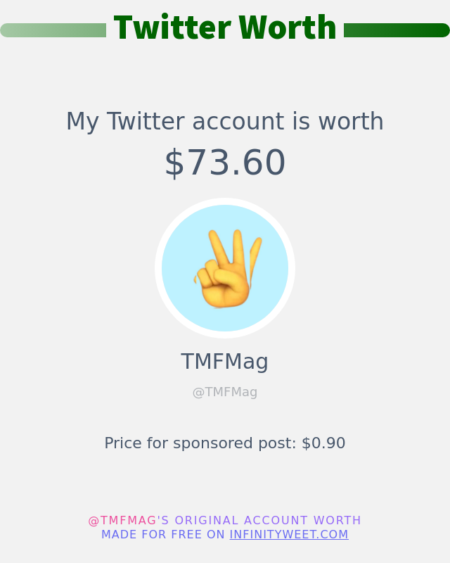 My Twitter worth is: $73.60

➡️ infinityweet.me/account-worth