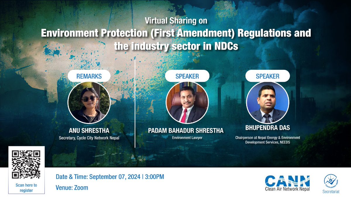 Bhushan Tuladhar (@bhushantuladhar) on Twitter photo On Sep 7, International #CleanAirDay at 3 pm join <a href="/cleanairnetwork/">Clean Air Network</a> & <a href="/CE_Nepal/">Clean Energy Nepal</a>'s webinar on First Amendment of Env Protection Regulations and NDCs for Nepal.
Invest in #CleanAirNow On Sep 7, International #CleanAirDay at 3 pm join <a href="/cleanairnetwork/">Clean Air Network</a> & <a href="/CE_Nepal/">Clean Energy Nepal</a>'s webinar on First Amendment of Env Protection Regulations and NDCs for Nepal.
Invest in #CleanAirNow