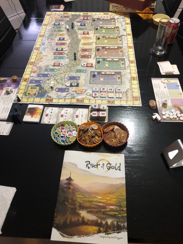 Played River of Gold tonight! I’ve always wanted to play a game set in the legend of the five rings! Great game! 10/10! Loved it! 85-79 scored at 2 player it was a very close game. Aaron won!