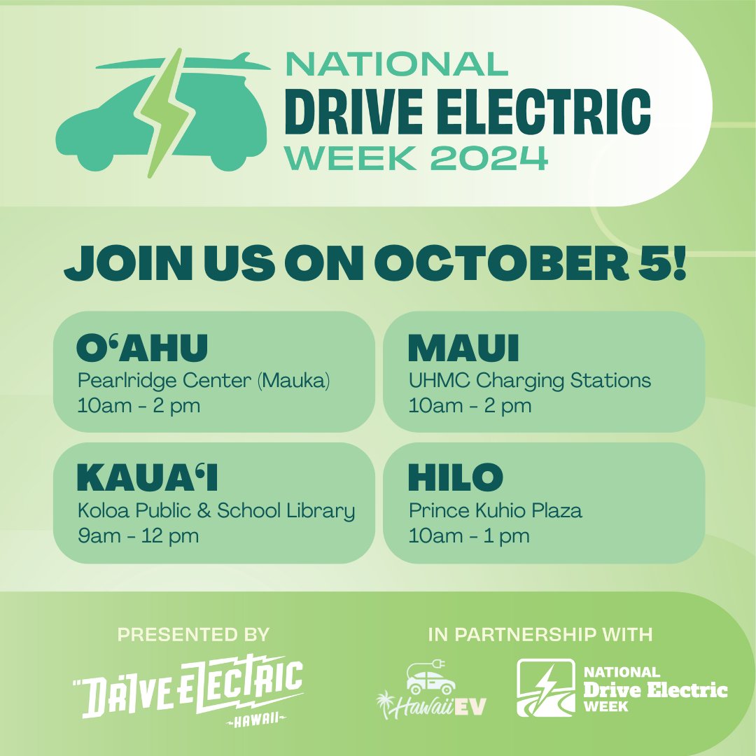 🚗🔋 Get revved up for National Drive Electric Week, happening from September 27th through October 6th! 

On October 5th join us for exciting events across Hawaiʻi, featuring EV test drives, special car displays, e-bikes, prize drawings, and more!

More details soon!

#NDEW2024