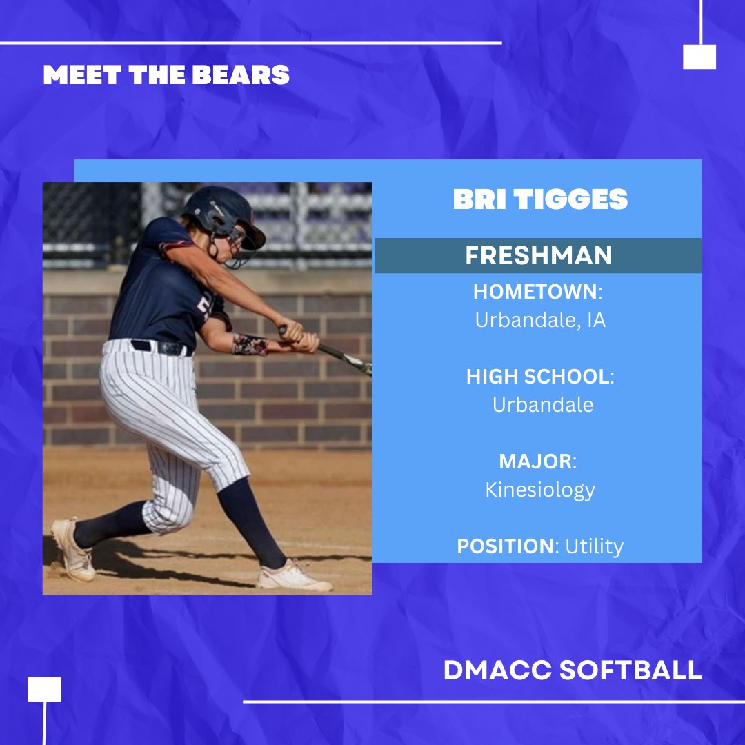 DMACCsoftball's tweet photo. ‼️MEET THE TEAM‼️

Next up is Bri Tigges! Bri is a freshman/utility!

#GoBears🐻🥎
@BobLigouri https://t.co/HC6QdkMqKA