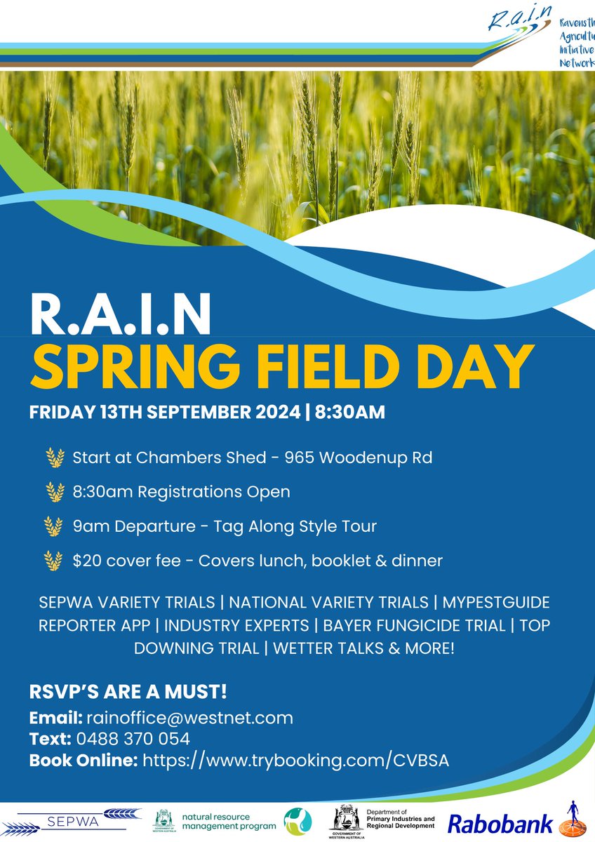 Ravensthorpe Agricultural Initiative Network (@rain_ag_network) on Twitter photo 🌾 R.A.I.N Spring Field Day 🌱
📅 Fri, 13th Sept 2024
📍 Chambers Shed, 965 Woodenup Rd
⏰ Regos 8:30AM | Tour 9AM
💲 $20 (Lunch & Dinner incl.) 🍽️
Join us for trials, expert talks & more! 🚜🌦️
RSVP:
💬 rainoffice@westnet.com
📲 Text 0488 370 054
🌐 trybooking.com/CVBSA 🌾 R.A.I.N Spring Field Day 🌱
📅 Fri, 13th Sept 2024
📍 Chambers Shed, 965 Woodenup Rd
⏰ Regos 8:30AM | Tour 9AM
💲 $20 (Lunch & Dinner incl.) 🍽️
Join us for trials, expert talks & more! 🚜🌦️
RSVP:
💬 rainoffice@westnet.com
📲 Text 0488 370 054
🌐 trybooking.com/CVBSA