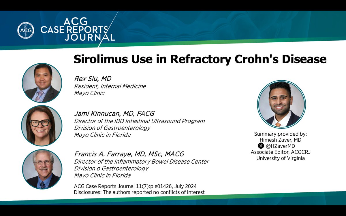 ACGCRJ (@acgcrj) on Twitter photo ⏰ for #ACGCRJ Case Report Spotlight🧵 w/ <a href="/HZaverMD/">Himesh Zaver, MD</a>
“Sirolimus Use in Refractory Crohn's Disease”
🎧 Podcast bit.ly/3YQ6Hd0
📚 Article bit.ly/4cTFE3Y
<a href="/AmCollegeGastro/">ACG</a> <a href="/FarrayeIBD/">Francis (Frank) Farraye, MD, MSc</a> <a href="/ibdgijami/">Jami Kinnucan, MD, FACG, AGAF, FCCF</a> <a href="/RSiuMD/">Rex Siu</a> <a href="/NadeemYousafMD/">Nadeem Yousaf</a> <a href="/PrateekHarne1/">Prateek Harne MBBS, MD</a> #GITwitter #Livertwitter ⏰ for #ACGCRJ Case Report Spotlight🧵 w/ <a href="/HZaverMD/">Himesh Zaver, MD</a>
“Sirolimus Use in Refractory Crohn's Disease”
🎧 Podcast bit.ly/3YQ6Hd0
📚 Article bit.ly/4cTFE3Y
<a href="/AmCollegeGastro/">ACG</a> <a href="/FarrayeIBD/">Francis (Frank) Farraye, MD, MSc</a> <a href="/ibdgijami/">Jami Kinnucan, MD, FACG, AGAF, FCCF</a> <a href="/RSiuMD/">Rex Siu</a> <a href="/NadeemYousafMD/">Nadeem Yousaf</a> <a href="/PrateekHarne1/">Prateek Harne MBBS, MD</a> #GITwitter #Livertwitter