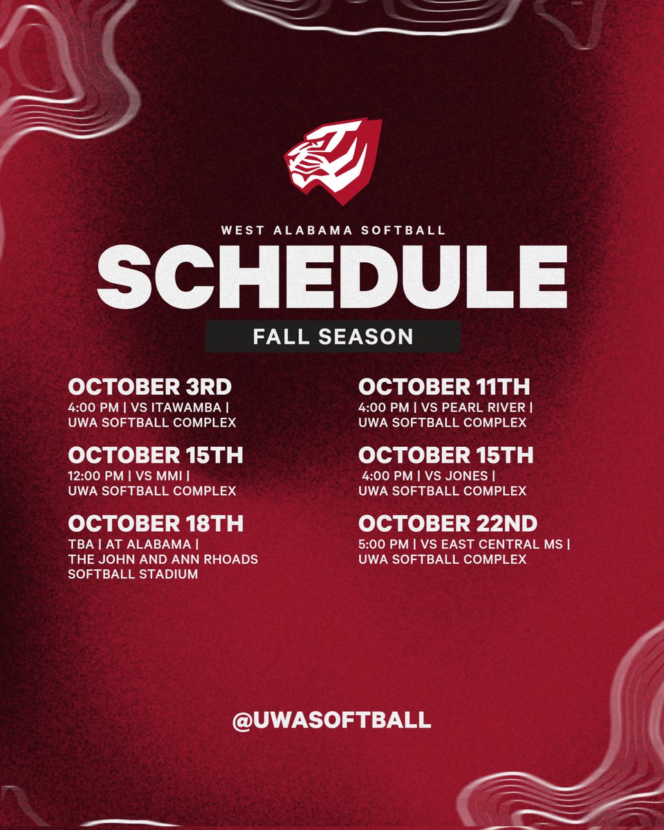UWA Softball (@uwa_softball) on Twitter photo We are excited to announce our Official Fall Softball Schedule. We are looking forward to seeing <a href="/UACoachMurphy/">Patrick Murphy</a> and competing against <a href="/AlabamaSB/">Alabama Softball</a>. Excited to host <a href="/LetsGoICC_SB/">Itawamba Softball</a> , <a href="/PearlRiverSB/">Pearl River Softball</a> , <a href="/Mmitigerssoftba/">MMI Softball</a> , <a href="/JC_BobcatsSB/">Jones College SB</a> , <a href="/ECCCSoftball/">ECCC Softball</a> . #WeAreWest #US We are excited to announce our Official Fall Softball Schedule. We are looking forward to seeing <a href="/UACoachMurphy/">Patrick Murphy</a> and competing against <a href="/AlabamaSB/">Alabama Softball</a>. Excited to host <a href="/LetsGoICC_SB/">Itawamba Softball</a> , <a href="/PearlRiverSB/">Pearl River Softball</a> , <a href="/Mmitigerssoftba/">MMI Softball</a> , <a href="/JC_BobcatsSB/">Jones College SB</a> , <a href="/ECCCSoftball/">ECCC Softball</a> . #WeAreWest #US