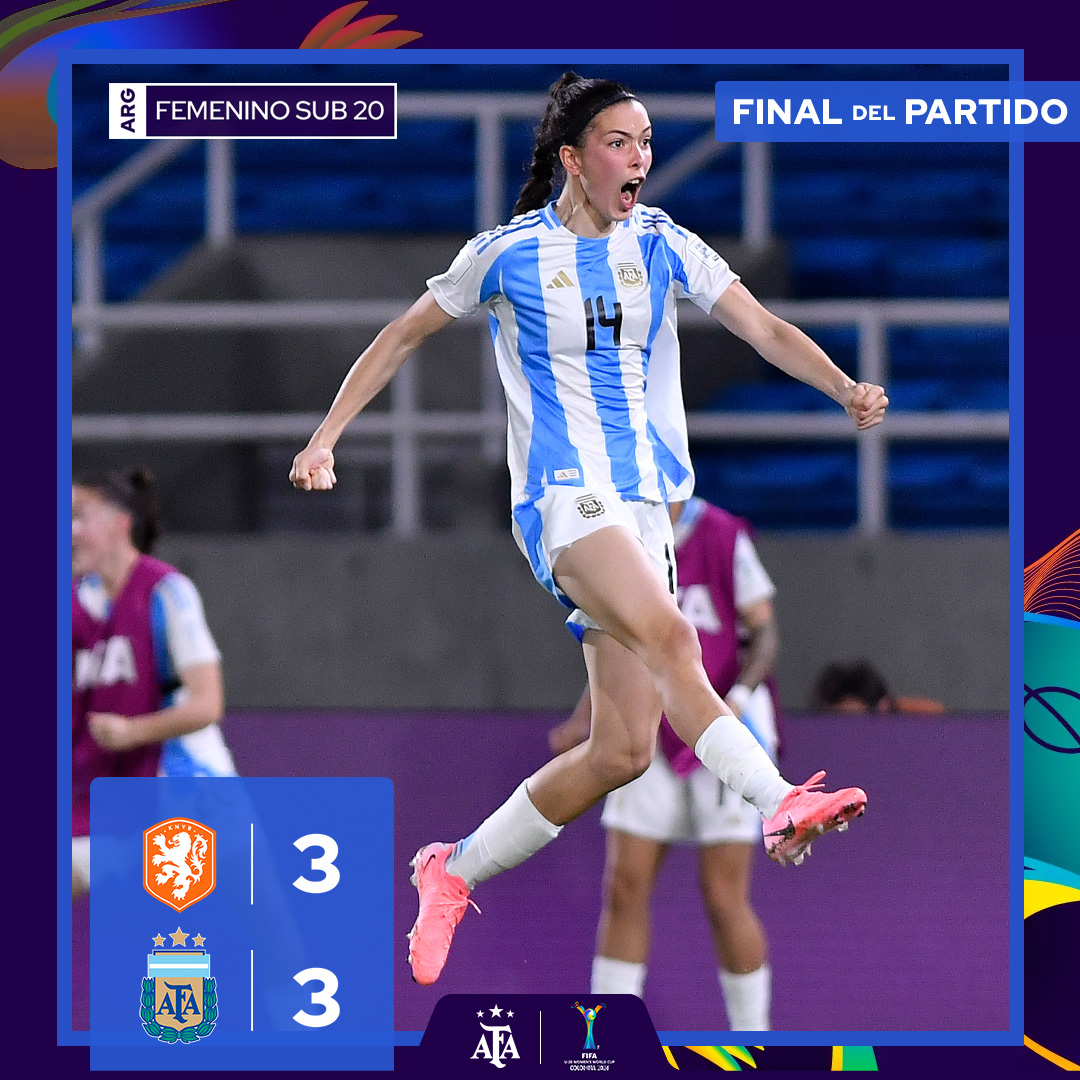 🇦🇷 Selección Argentina ⭐⭐⭐ (@argentina) on Twitter photo 🏆 #U20WWC
⚽️ <a href="/Argentina/">🇦🇷 Selección Argentina ⭐⭐⭐</a> 🇦🇷 3 (Sofía Domínguez y Serena Rodríguez x2) 🆚 Países Bajos 🇳🇱 3
🕒 ¡Final del partido
➡️ Gran remontada albiceleste para conseguir un punto fundamental en la lucha por la clasificación. 🏆 #U20WWC
⚽️ <a href="/Argentina/">🇦🇷 Selección Argentina ⭐⭐⭐</a> 🇦🇷 3 (Sofía Domínguez y Serena Rodríguez x2) 🆚 Países Bajos 🇳🇱 3
🕒 ¡Final del partido
➡️ Gran remontada albiceleste para conseguir un punto fundamental en la lucha por la clasificación.