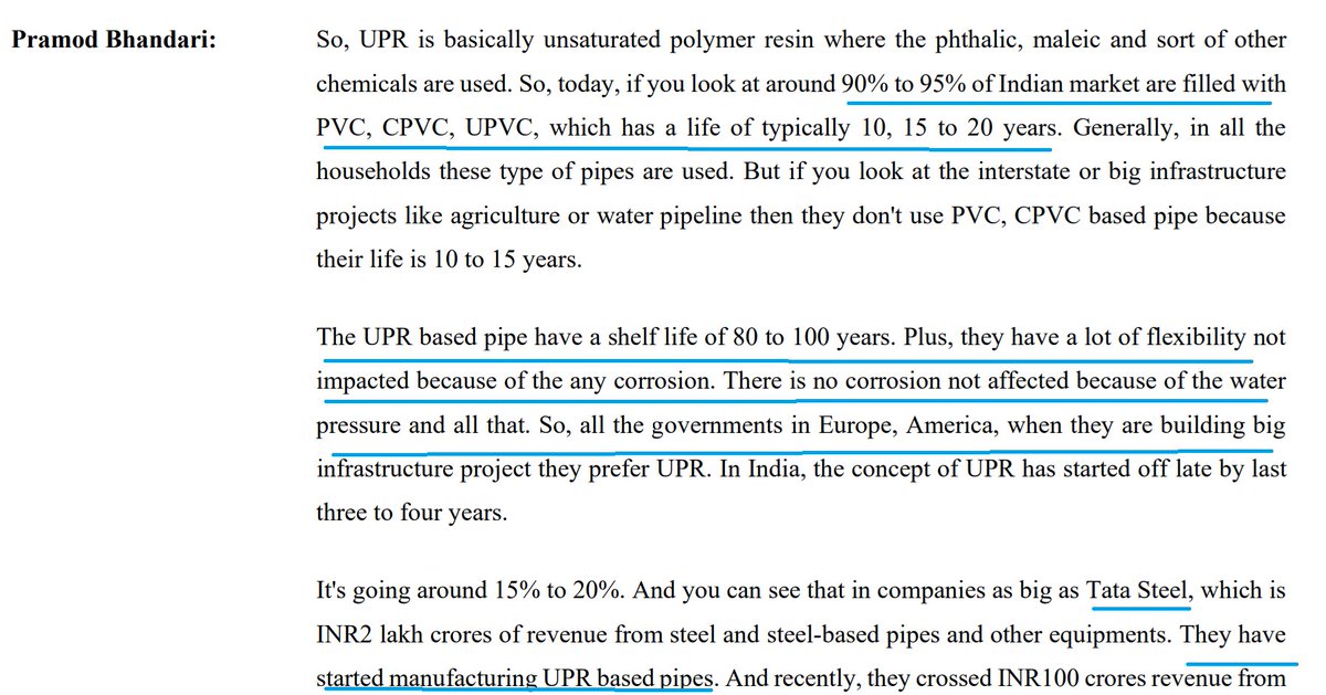 In last 10-15 years, CPVC gained market share in the pipes fittings segment (esp. hot and cold water)

Is UPR going to be next big thing?

Read some interesting things about UPR in IG Petro concall -

'PVC, CPVC, UPVC life span 15-20 yrs and dominates 90-95% Indian market

UPR