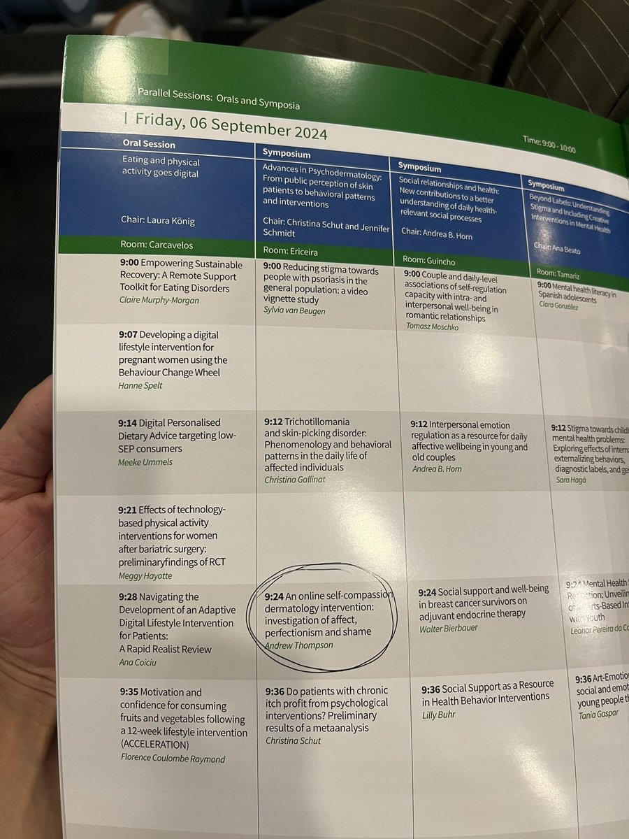 A great start to Day 4 of <a href="/EHPS2024/">EHPS2024</a> with a series of interesting talks about advances in psychodermatology! Really interesting to hear from <a href="/ProfARThompson/">Prof Andrew R Thompson 💙</a> about the effectiveness of a writing based self compassion intervention.