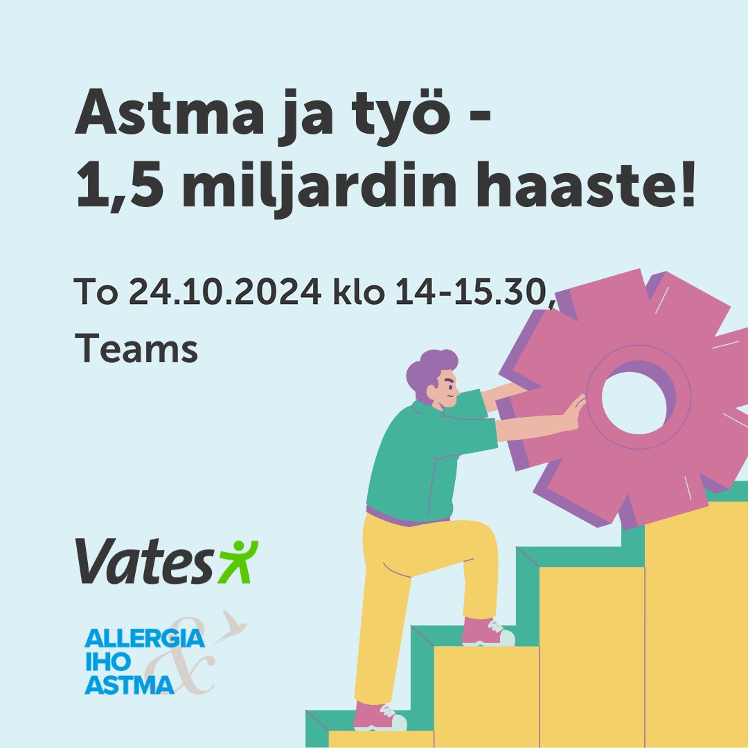 Järjestämme yhdessä Vates-säätiön kanssa 24.10. klo 14.00–15.30 maksuttoman webinaarin astman vaikutuksista työkykyyn. Webinaari on suunnattu aiheen parissa työskenteleville. Katso ohjelma ja ilmoittaudu 👉 lyyti.fi/reg/astmajatyo…
#astma #työ #työkyky #AllergiaIhoJaAstmaliitto