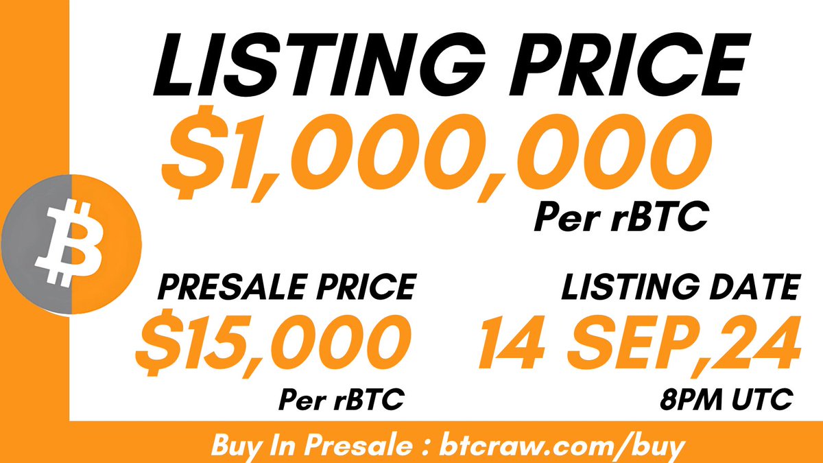 btcrawcom's tweet photo. One Coin is Worth Million 💸 - Raw Bitcoin (rBTC) 

Listing Price : $1,000,000 per rBTC 
Listing Date : 14th Sep 2024

Presale Active, Buy rBTC Now : https://t.co/g5jOBQEi45

Presale Price : $15,000 per rBTC 

Token Details : 

T. Supply : 20 rBTC
Available on : BSC &amp; ETH Network https://t.co/cu3oH3EaND