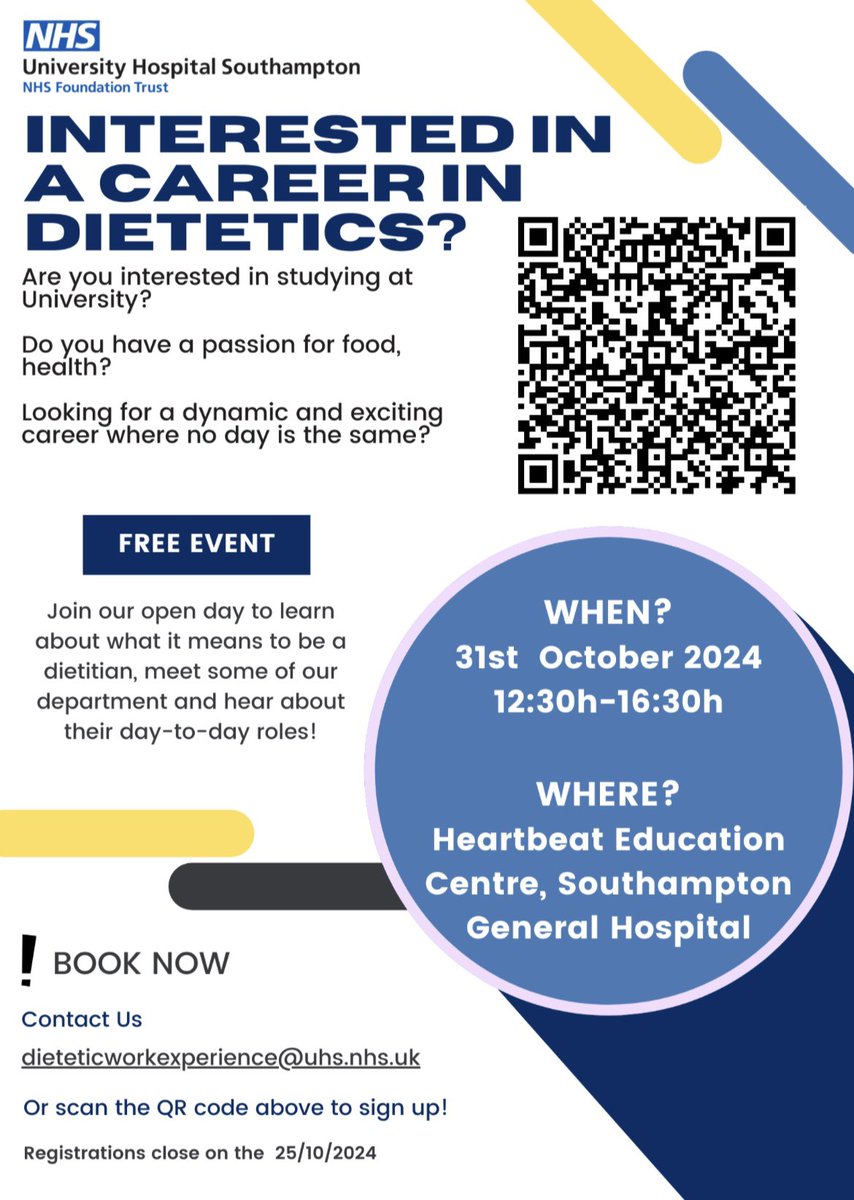 UHS Dietitians (@uhs_dietitians) on Twitter photo 💫 Are you or anyone you know interested in becoming a dietitian? 💫
Looking for a career change or considering study options? 📑
Join us for our Face to Face Open Day on 31st October to learn about an exciting and rewarding career👩🏼⚕️👨🏽⚕️
<a href="/UHSFT/">University Hospital Southampton 💙</a> <a href="/UHS_Jobs/">University Hospital Southampton Jobs</a> <a href="/UHSHCSAHP/">UHS Healthcare Sci & Allied Health Professional Ed</a> <a href="/UHS_SLT/">UHS Speech and Language Therapy</a> 💫 Are you or anyone you know interested in becoming a dietitian? 💫
Looking for a career change or considering study options? 📑
Join us for our Face to Face Open Day on 31st October to learn about an exciting and rewarding career👩🏼⚕️👨🏽⚕️
<a href="/UHSFT/">University Hospital Southampton 💙</a> <a href="/UHS_Jobs/">University Hospital Southampton Jobs</a> <a href="/UHSHCSAHP/">UHS Healthcare Sci & Allied Health Professional Ed</a> <a href="/UHS_SLT/">UHS Speech and Language Therapy</a>