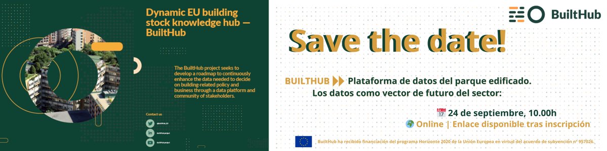 BuiltHub_EU (@builthub_eu) on Twitter photo ¿Hablas español? 🗨️ If you're looking to identify renovation potential, define customised #energy measures or develop your own #business models - you can't miss our final #online event! 🏗
When? 📅  24 September, 10:00
How? Register here ✍ bit.ly/4eeB4hE ¿Hablas español? 🗨️ If you're looking to identify renovation potential, define customised #energy measures or develop your own #business models - you can't miss our final #online event! 🏗
When? 📅  24 September, 10:00
How? Register here ✍ bit.ly/4eeB4hE