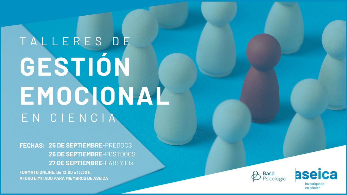 ‼️Talleres de gestión emocional en ciencia de ASEICA para Predocs, Postdocs y Jóvenes IPs

📅25/26/27 SEPT
🌐Online⏰12:00 a 13:30
🎯Ayudar en la gestión de emociones dentro y fuera del lab según la etapa profesional 
✅Aforo limitado

✍️:aseica.es/aseica-organiz…

#ASEICAJoven