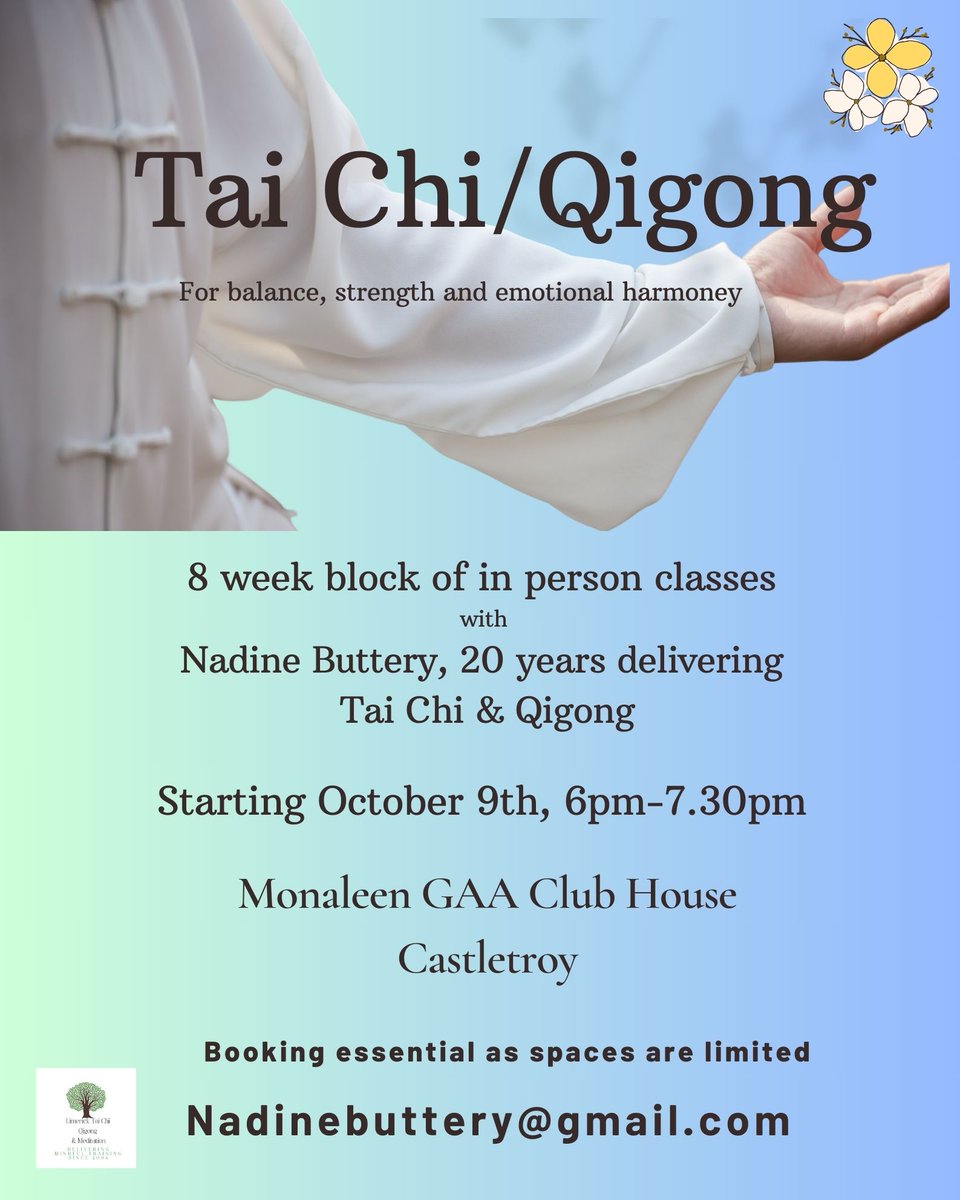 OutoftheBlueLim's tweet image. Hello everyone! I'm very excited to be offering this in person tai chi/Qigong class. Places are limited so if you would like to join please email nadinebuttery@gmail.com and I will send booking links. Cost of 8 weeks is 120 euros.
