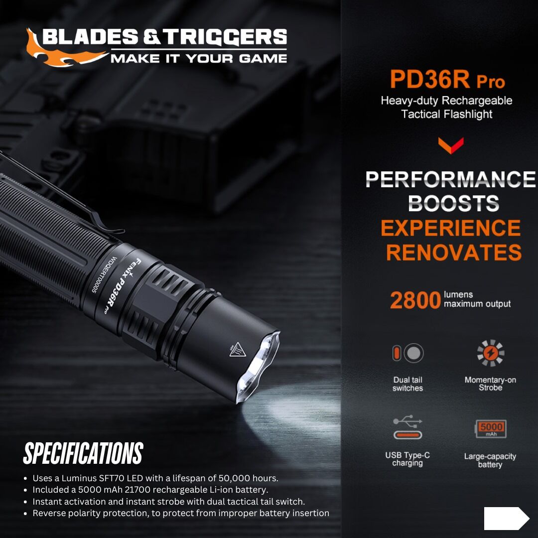 Elevate your tactical gear with the PD36R Pro Heavy-duty Rechargeable Tactical Flashlight by Blades &amp; Triggers! With an impressive 2800 lumens output, this powerhouse ensures you stay prepared."

Buy now:

bntonline.co.za/flashlights-an…
