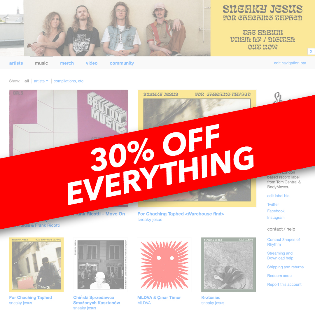 Here we are again at another Bandcamp Friday. Today you can help indie artists and labels the most. Bandcamp waive their fees today. Get 30% off EVERYTHING in our catalogue, whether it's t-shirts, vinyl, CDs or digital files...the lot. Code: sep2024
shapesofrhythm.bandcamp.com/music