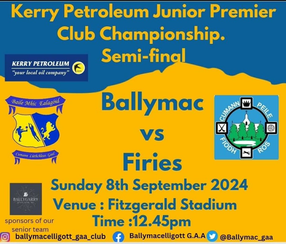 We are asking for everyone's support in Killarney this Sunday, we are through to the Semi final of the Kerry Petroleum Junior Premier Championship where we will play against Firies
🟡Date: Sunday 8th September 2024
🔵Venue: Fitzgerald Stadium 
🟡Time: 12.45pm