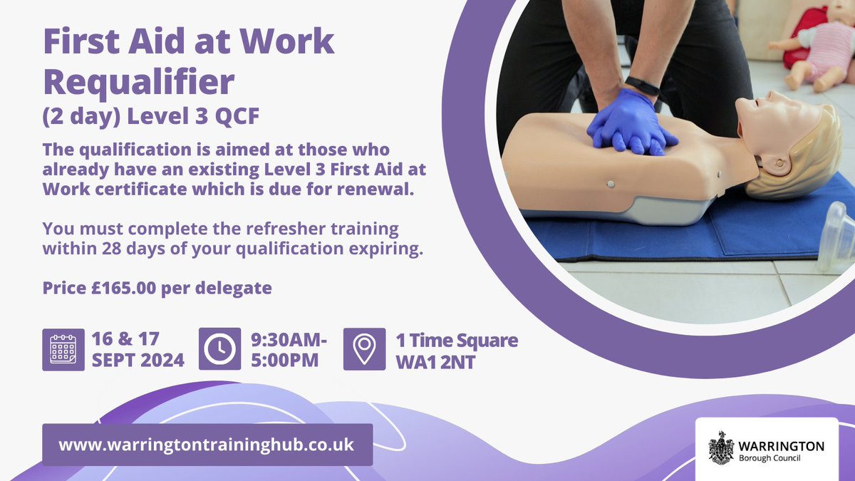 📣 First Aid at Work Requalifier: 16/17th Sept

Approaching 3 years since you were last certified in Level 3 First Aid at Work? Complete the 2 day requalifier to keep your certification compliant.

Book now via warringtontraininghub.uk/Event/211227
