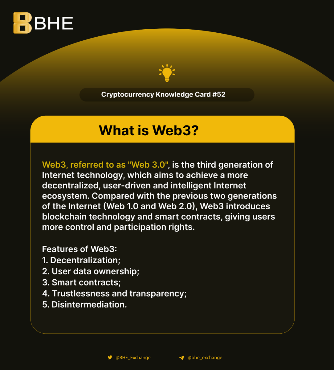 BHE_Exchange's tweet image. 🔍📚 #Cryptocurrency Knowledge Card #52:What is Web3?

Web3, referred to as &quot;Web 3.0&quot;, is the third generation of Internet technology, which aims to achieve a more decentralized, user-driven and intelligent Internet ecosystem. Compared with the previous two generations of the…