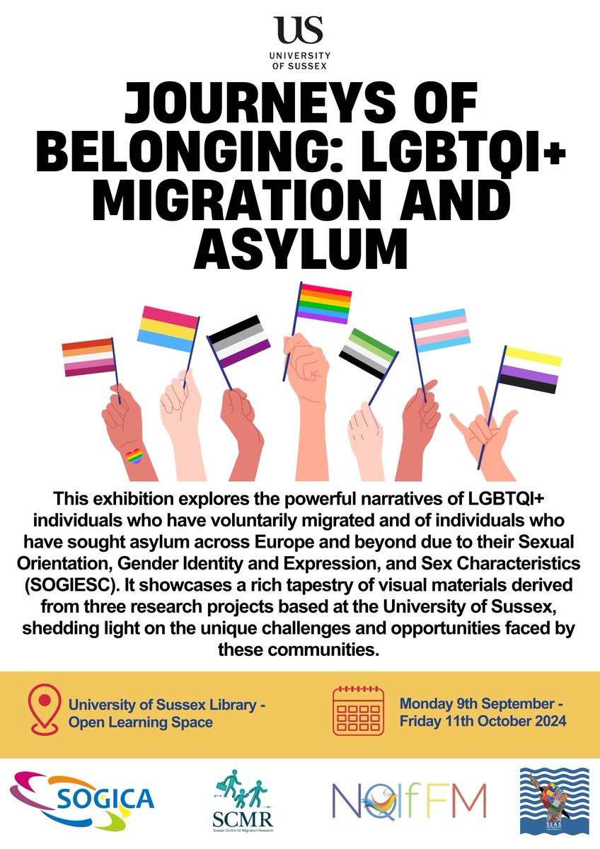 SCMR (@scmrjems) on Twitter photo Delighted to see the exhibition "Journeys of Belonging: LGBTQI+ Migration and Asylum" coming together <a href="/sussexlibrary/">Sussex Library</a>
It exhibition explores the narratives of LGBTQI+
migrants to the UK & showcases visual materials
from 3 <a href="/SussexUni/">University of Sussex</a> research projects
📅 9 sept - 11 Oct Delighted to see the exhibition "Journeys of Belonging: LGBTQI+ Migration and Asylum" coming together <a href="/sussexlibrary/">Sussex Library</a>
It exhibition explores the narratives of LGBTQI+
migrants to the UK & showcases visual materials
from 3 <a href="/SussexUni/">University of Sussex</a> research projects
📅 9 sept - 11 Oct