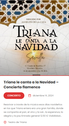TRIANA LE CANTA A LA NAVIDAD(concierto flamenco) Entradas disponibles en este link  entradas.planeasevilla.com/index.php?even…
…14 dic 2024 - 20:00
Qué no te lo cuenten, Planea Sevilla..
