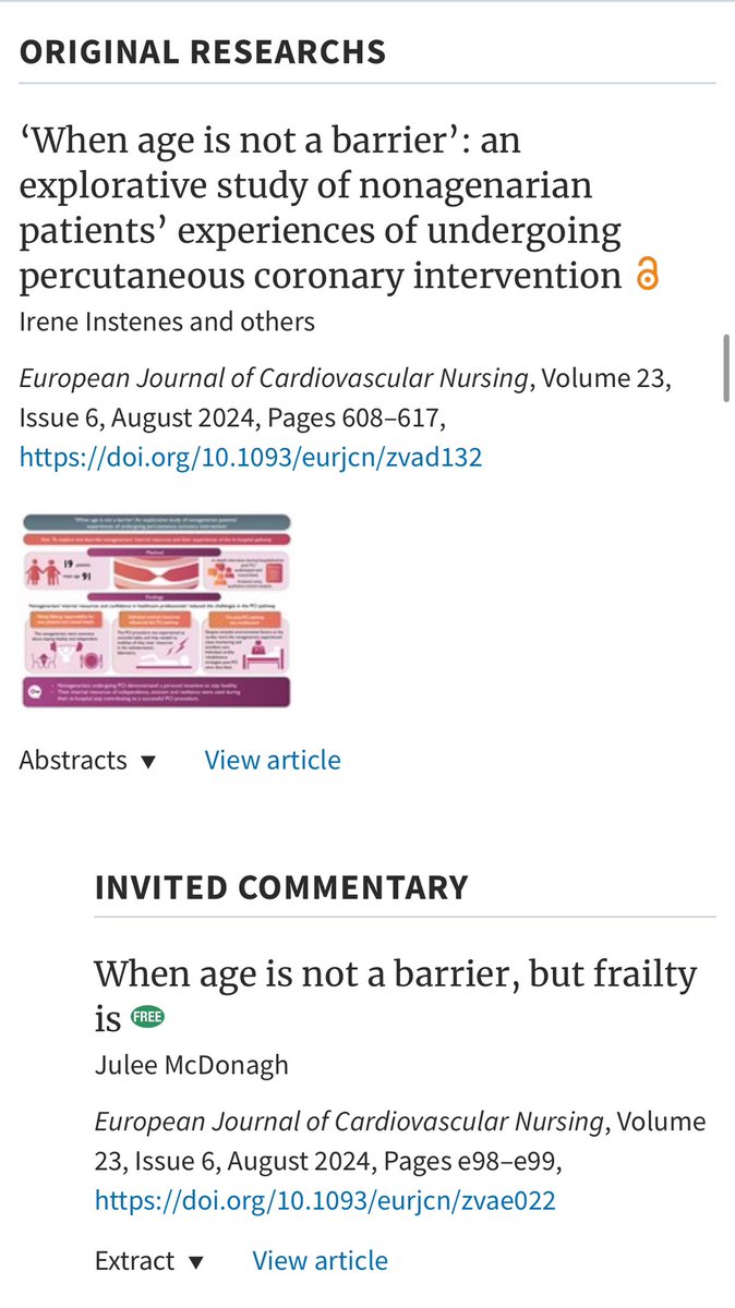 Dr Julee McDonagh, RN, PhD (@juleemcdonagh) on Twitter photo Check out the latest issue of <a href="/EditorEJCN/">European Journal of Cardiovascular Nursing</a> 🚨
Of note: An explorative study of nonagenarian patients’ undergoing PCI 👇academic.oup.com/eurjcn/article…
🚨I was delighted to write an invited commentary👇 “When age is not a barrier, but #frailty is” doi.org/10.1093/eurjcn… Check out the latest issue of <a href="/EditorEJCN/">European Journal of Cardiovascular Nursing</a> 🚨
Of note: An explorative study of nonagenarian patients’ undergoing PCI 👇academic.oup.com/eurjcn/article…
🚨I was delighted to write an invited commentary👇 “When age is not a barrier, but #frailty is” doi.org/10.1093/eurjcn…