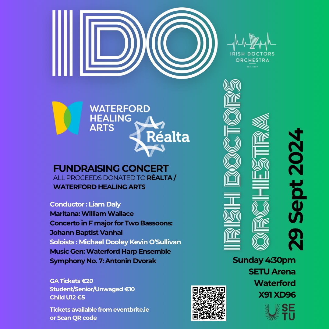 We’re so thrilled with our new poster for our fundraising concert by the Irish Doctors Orchestra, coming up at SETU Arena on Sunday 29 September at 4.30pm. Tickets (€20 Full Price/€10 Conc/€5 children) are now on sale available here: eventbrite.ie/e/irish-doctor…