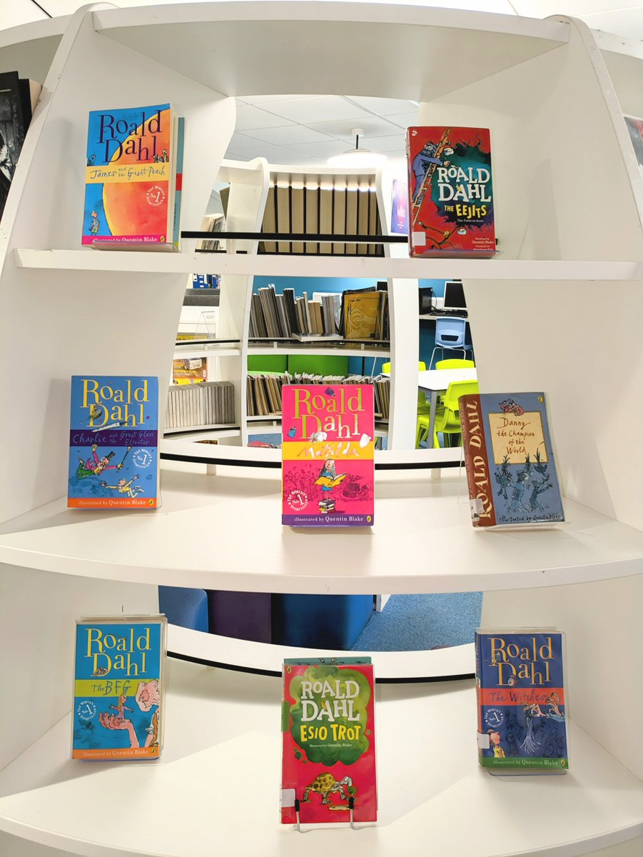 MintlawLP's tweet photo. A new Roald Dahl display in the library - and a lunchtime reading of creepy classic The Witches for Friday the 13th next week.  Unsure whether to invite Anjelica Huston or Anne Hathaway... 🧙‍♀️🪄 🐭 https://t.co/wnMBonyi2q
