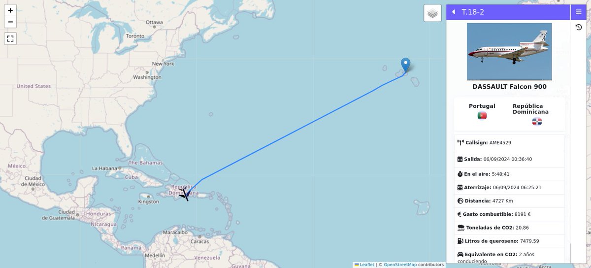 🛬 Aterrizando T.18-2 (callsign AME4529, DASSAULT Falcon 900) en República Dominicana 🇩🇴

💸 8191€ combustible
⛽ 7479.59 litros
🏭 20.86 T de CO2

📆 Uso: Sin registrar

👉 falcondespega.es/flight/5185-17…

x.com/falcon_despega…