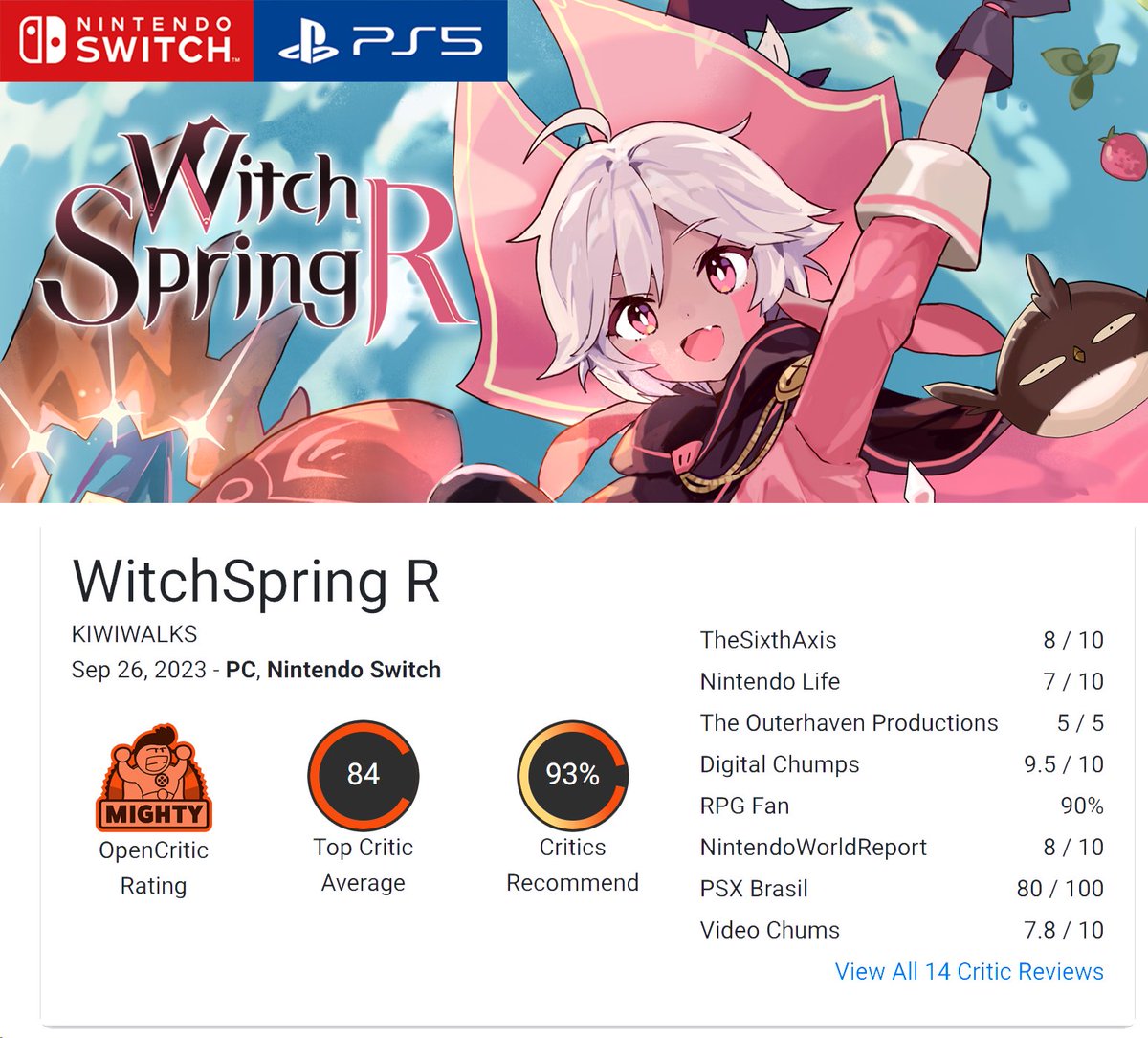 WitchSpringR's tweet image. Now We’re MIGHTY… and honestly, a little emotional😭 Thank you...
opencritic.com/game/15566/wit…
#WitchSpringR