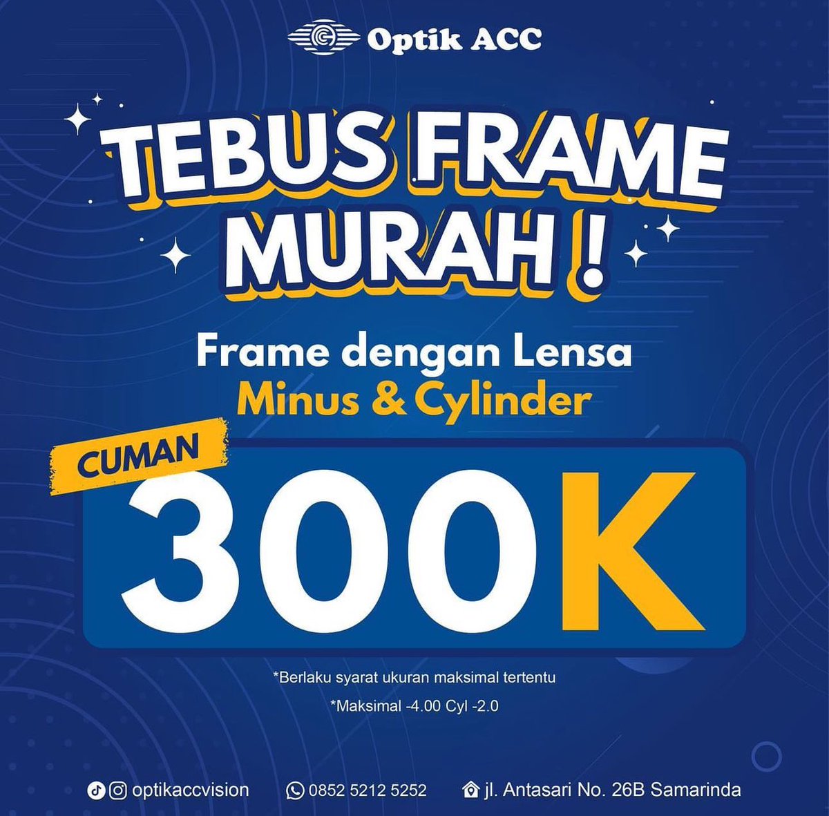optikaccvision's tweet photo. Tebus Frame Murah! 

Frame dengan Lensa Minus &amp; Cylinder Murah bangettt cuman 300ribu ajaa✨

* maksimal -4.00 cyl -2.0 

Cuss langsung ajaa ke @optikaccvision 

📲Whatsapp: 0852-5212-5252
📍Optik ACC Vision JL. P. Antasari Samarinda (0541-7803663)

#KacamataSamarinda https://t.co/6MVUhNb8nP