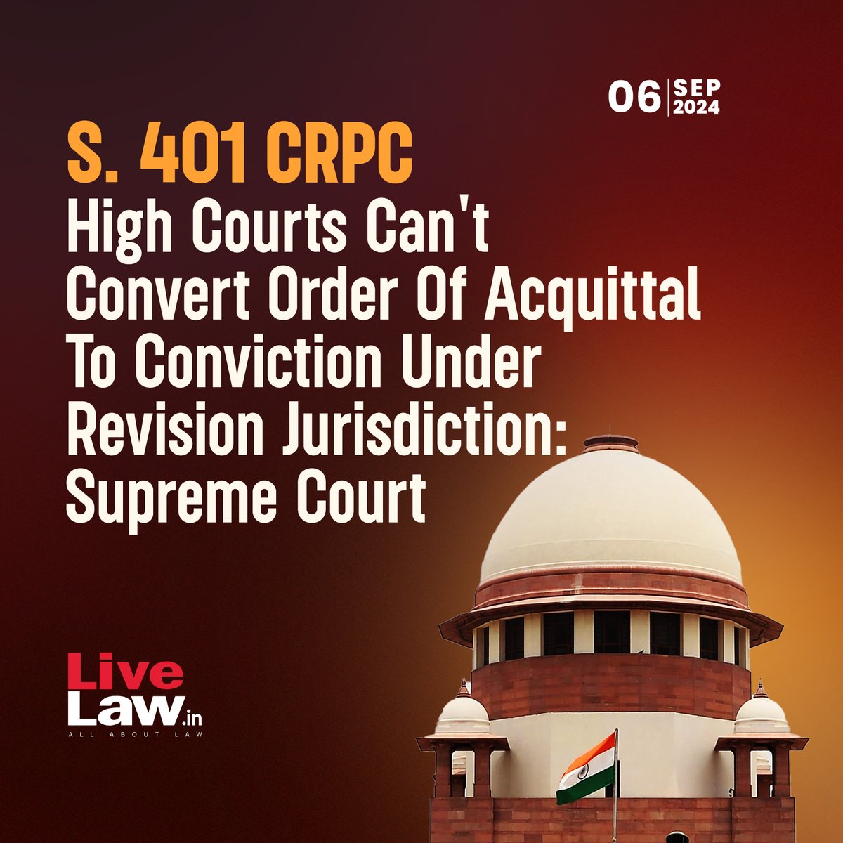 LiveLawIndia's tweet photo. The Supreme Court observed that the High Court while exercising a Criminal Revision jurisdiction under Section 401 Cr.P.C. (now Section 442 of BNSS) cannot order a decision of acquittal to conviction.
Read more: https://t.co/WdLRlYxXM2
#SupremeCourt #Section401 #SupremeCourtOfIndia