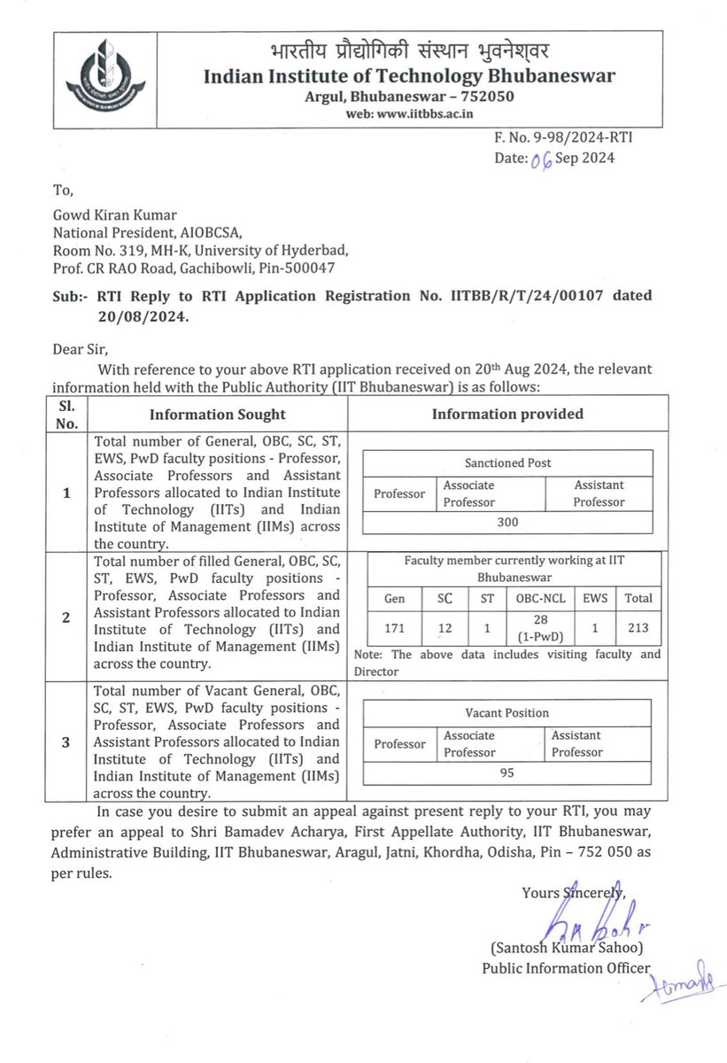 aiobcsa's tweet image. An RTI filed by AIOBCSA National President @gowdkiran reveals the dismal representation of SC, ST, and OBC faculty members at IIT Bhubaneswar. Out of 213 faculty members:

- General: 80.28%  
- OBC: 12.96%  
- SC: 5.63%  
- ST: 0.4%  
- EWS: 0.4%  

@EduMinOfIndia