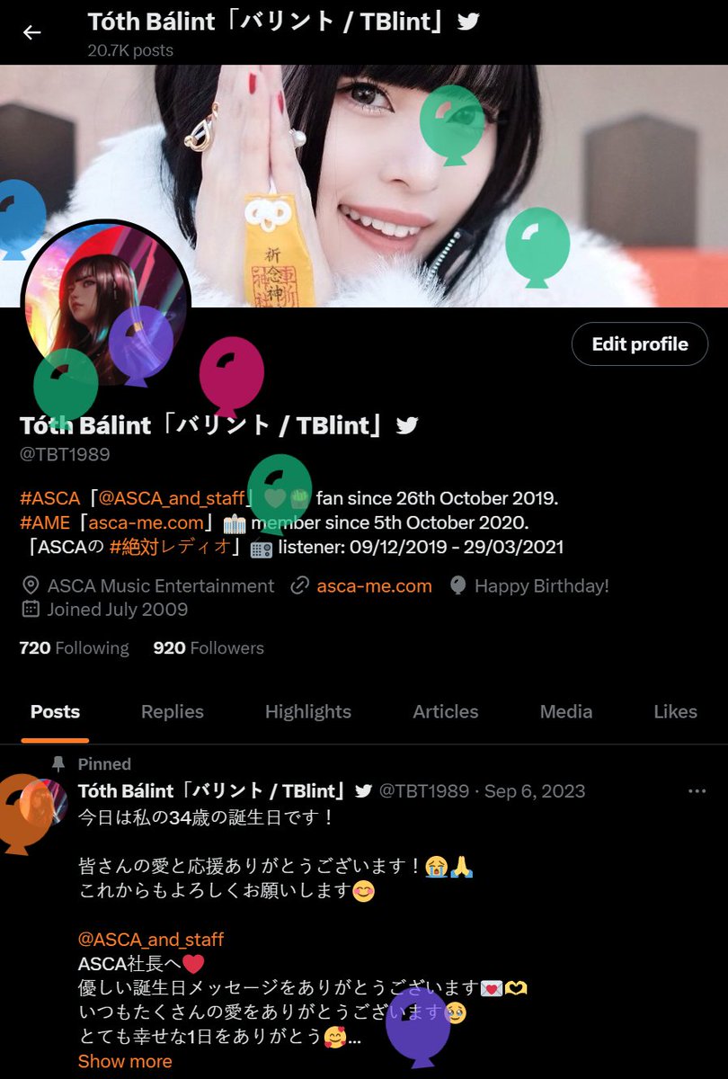 TBT1989's tweet photo. 2024年9月6日🗓️
今日は私の35歳の誕生日です🎂
いつも本当にたくさんの愛をありがとう！💕
出逢ってくれて、本当にありがとう😭🙇
#LVL35

@ASCA_and_staff
ASCA社長へ❤️
今年も優しい誕生日メッセージをありがとうございます✨💌🥰
心から感謝しています☺️

#ASCA
#AME🏢
#ASCAMusicEntertainment https://t.co/oOOLu450eD