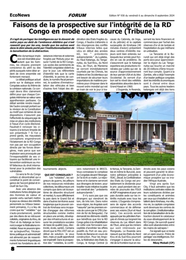 Débout Congolais. Je partage une prospective en mode open source : chacun peut y contribuer avec sa vision pour notre pays. Arrêtons de banaliser les menaces sérieuses qui pèsent sur notre pays. Un sursaut patriotique est impératif. N'avons pas besoin d'un homme providentiel.