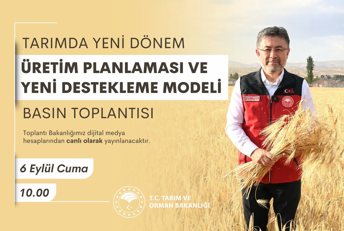 Bakanımız Sayın <a href="/ibrahimyumakli/">İbrahim Yumaklı</a>, bugün gerçekleşecek “Tarımda Yeni Dönem: Üretim Planlaması ve Yeni Destekleme Modeli” Basın Toplantısı'nda destekleme sistemine ilişkin ayrıntıları paylaşacaktır.

🕙 10.00
📡 CANLI
💻 <a href="/TCTarim/">T.C. Tarım ve Orman Bakanlığı</a>