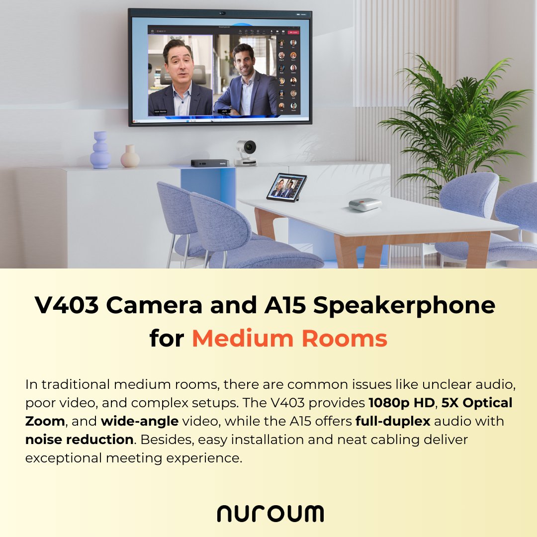 🎯Nuroum V403 camera and A15 speakerphone are the ideal choices for medium conference rooms. This all-in-one solution is easy to set up with minimal cables and connections.

🔗 Read more: nuroum.com/blog/conferenc…

#nuroum #mediumrooms #conferencetech #teamcollaboration